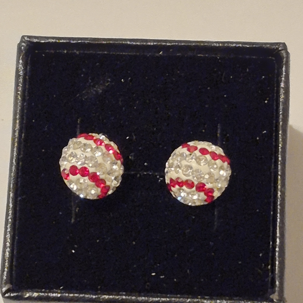 Crystal Ball Stud Earrings with Red Accent Rhinestones